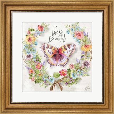 Framed Butterfly and Herb Blossom Wreath IV Print