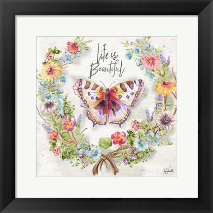 Framed Butterfly and Herb Blossom Wreath IV Print