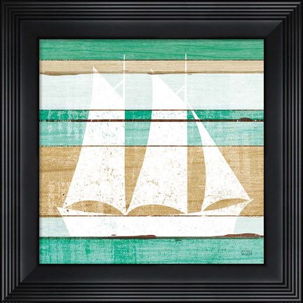Framed Beachscape V Boat Green Print