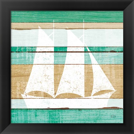 Framed Beachscape V Boat Green Print