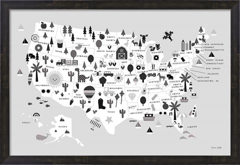 Framed Fun USA Map BW Print