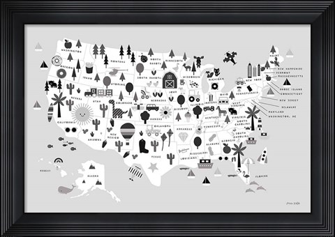 Framed Fun USA Map BW Print