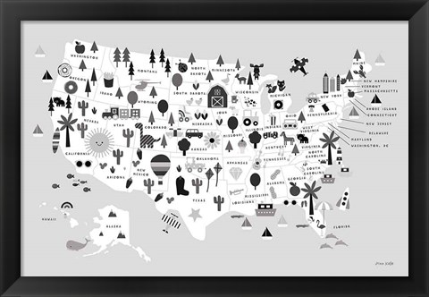 Framed Fun USA Map BW Print