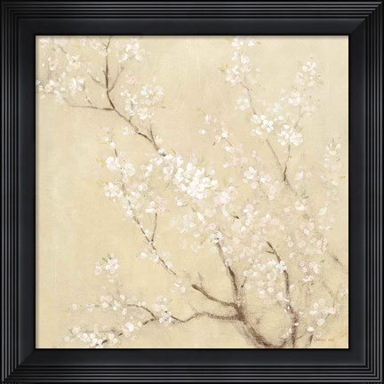 Framed White Cherry Blossoms I Linen Crop Print