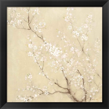 Framed White Cherry Blossoms I Linen Crop Print