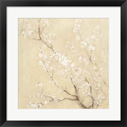 Framed White Cherry Blossoms I Linen Crop Print
