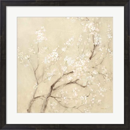 Framed White Cherry Blossoms II Linen Crop Print