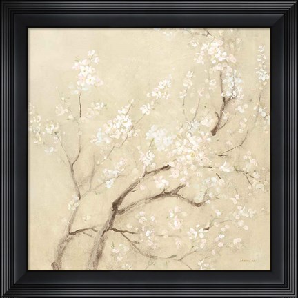 Framed White Cherry Blossoms II Linen Crop Print