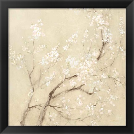 Framed White Cherry Blossoms II Linen Crop Print