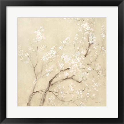 Framed White Cherry Blossoms II Linen Crop Print