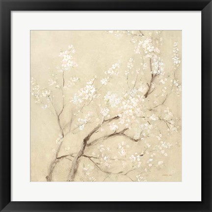 Framed White Cherry Blossoms II Linen Crop Print