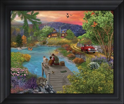 Framed Lakeside view from the dock Print