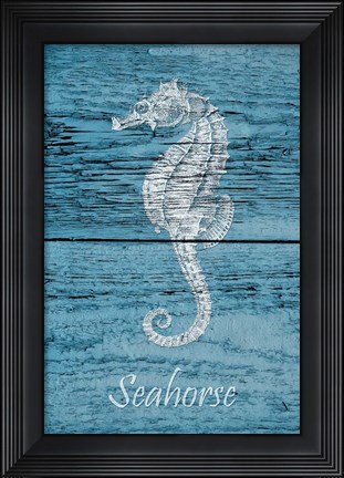 Framed Seahorse on Blue Wood Print