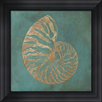 Framed Nautilus Shell Gold on Turquois Print
