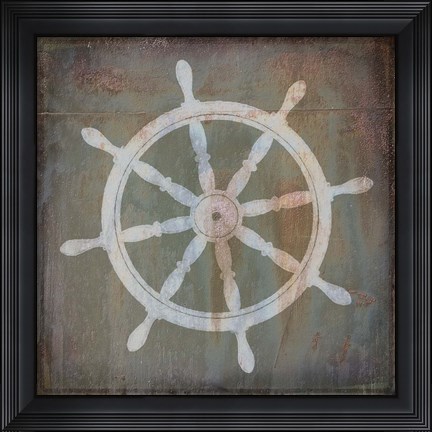 Framed Rusty Sign Nautical Wheel Print