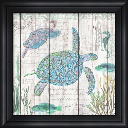 Framed Sea Turtles on Driftwood Panel Print