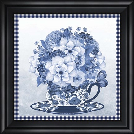 Framed Blue Teacup Bouquet D Print