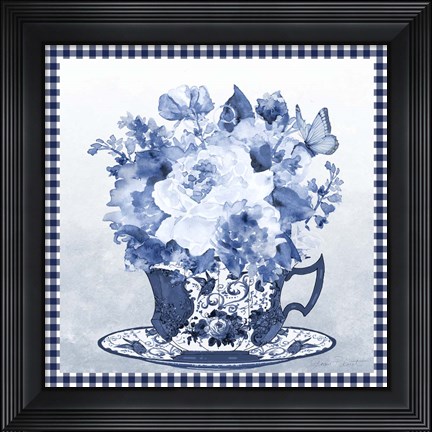 Framed Blue Teacup Bouquet E Print
