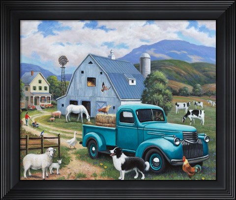 Framed Down at the Farm with a Blue Truck Print