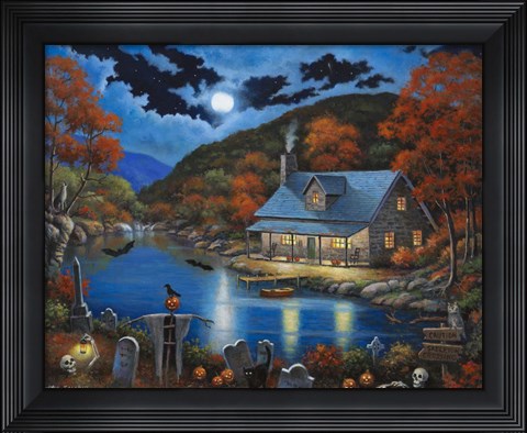 Framed Cabin on Halloween Lake Print