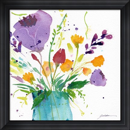 Framed Teal Vase With Bright Flowers Print