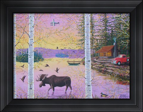 Framed Moose Lodge with Float Plane Print