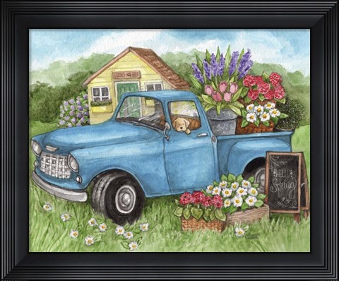Framed Blue Truck Flowers Hello Spring Print