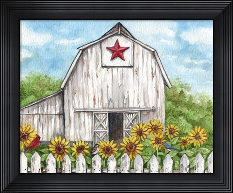 Framed Barn Fence Sunflowers and Birds Print