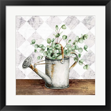 Framed Eucalyptus White Watering Can Print