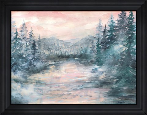 Framed Morning Mist at Pine Lake Print