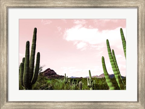 Framed Cactus Landscape Under Pink Sky Print