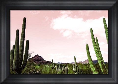 Framed Cactus Landscape Under Pink Sky Print
