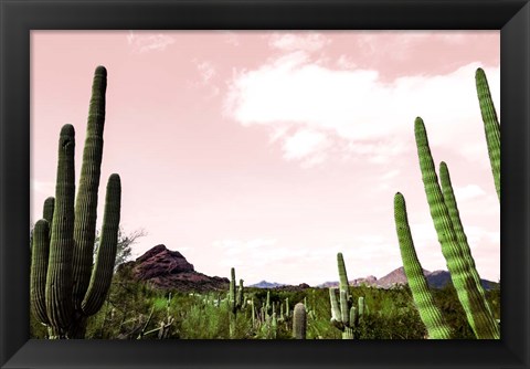 Framed Cactus Landscape Under Pink Sky Print