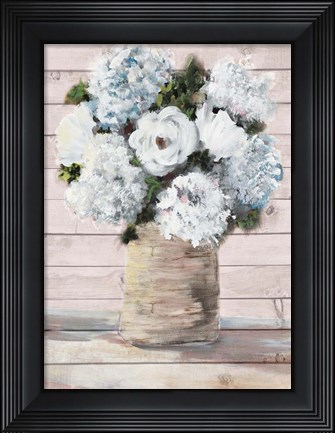 Framed White and Blue Rustic Blooms Print