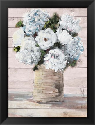 Framed White and Blue Rustic Blooms Print