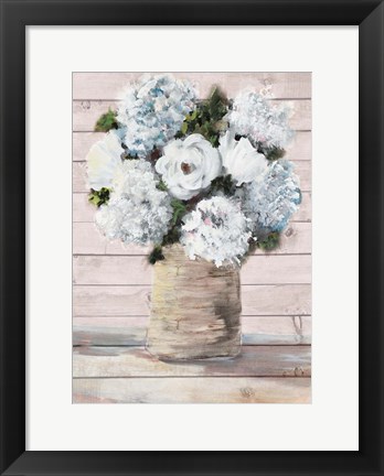 Framed White and Blue Rustic Blooms Print