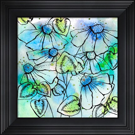 Framed Blue Bursts and Blossoms Square Print