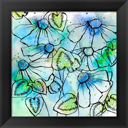 Framed Blue Bursts and Blossoms Square Print