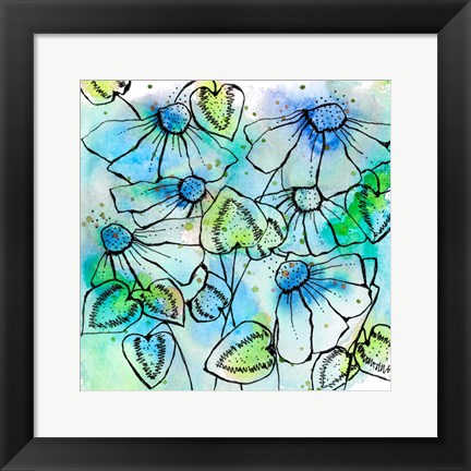 Framed Blue Bursts and Blossoms Square Print