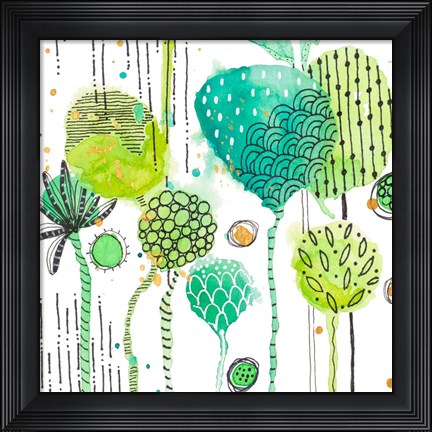 Framed Green Stamped Leaves Square I Print