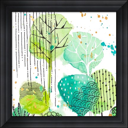 Framed Green Stamped Leaves Square II Print