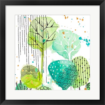 Framed Green Stamped Leaves Square II Print