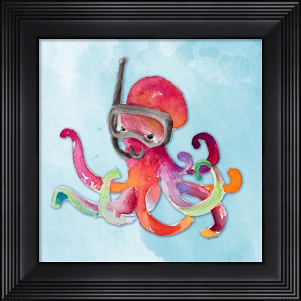 Framed Snorkeling Octopus on Watercolor Print