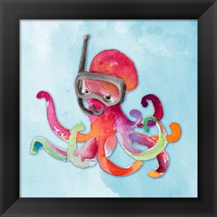 Framed Snorkeling Octopus on Watercolor Print