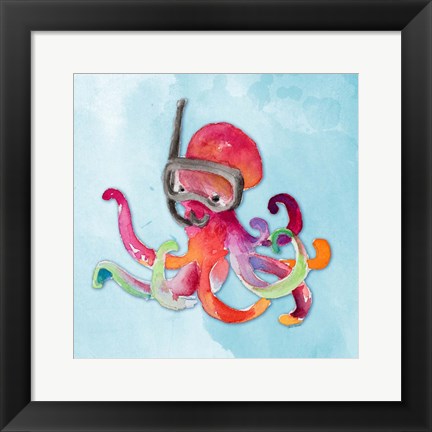 Framed Snorkeling Octopus on Watercolor Print