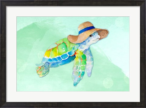 Framed Turtle With Hat on Watercolor (blue) Print