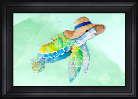 Framed Turtle With Hat on Watercolor (blue) Print