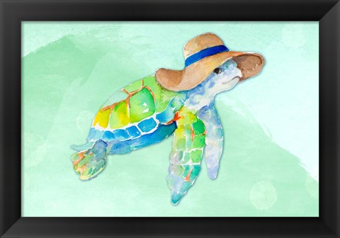 Framed Turtle With Hat on Watercolor (blue) Print