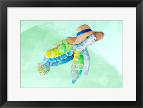 Framed Turtle With Hat on Watercolor (blue) Print