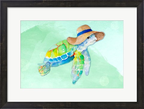 Framed Turtle With Hat on Watercolor (blue) Print